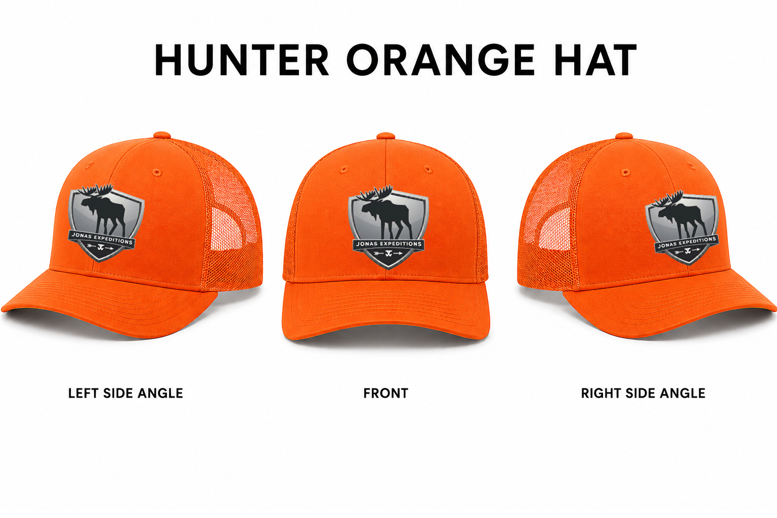 Jonas Expeditions men’s trucker hat Hunter orange with Moose shield logo ￼