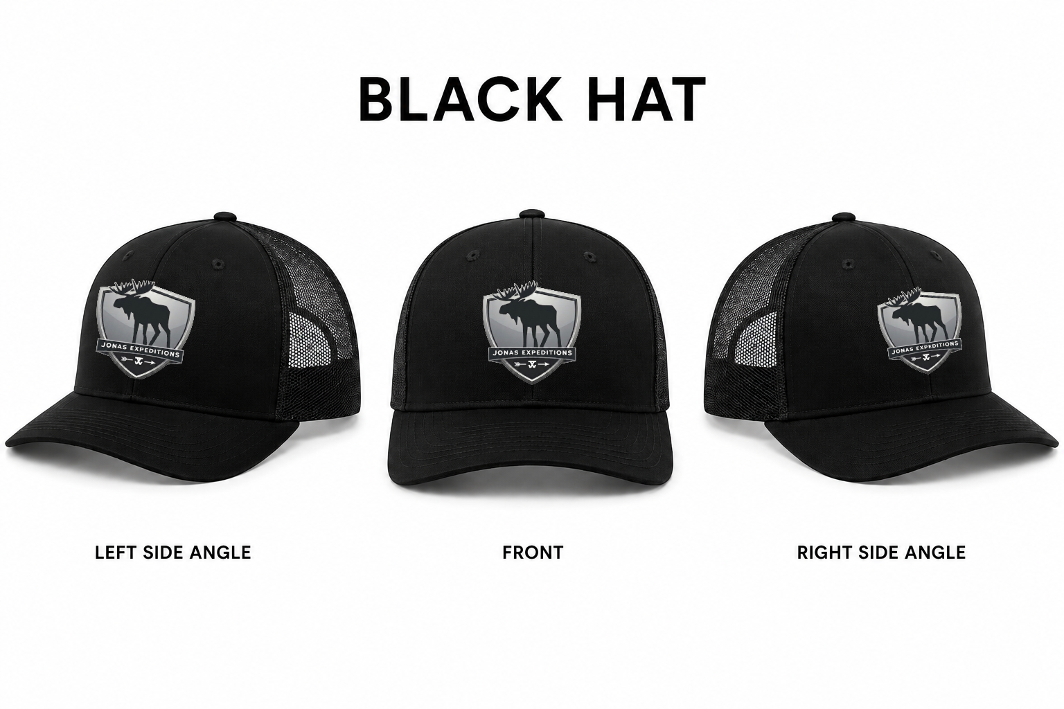 Jonas Expeditions Men’s trucker hat black with Jonas Expeditions Moose shield
